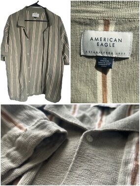 American Eagle Outfitters Men's Olive Green Striped Button-Up Shirt